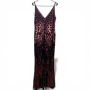 VIJIV 1920s Art Deco Sequin Mermaid Gown XL Crimson Red V-Neck Slit